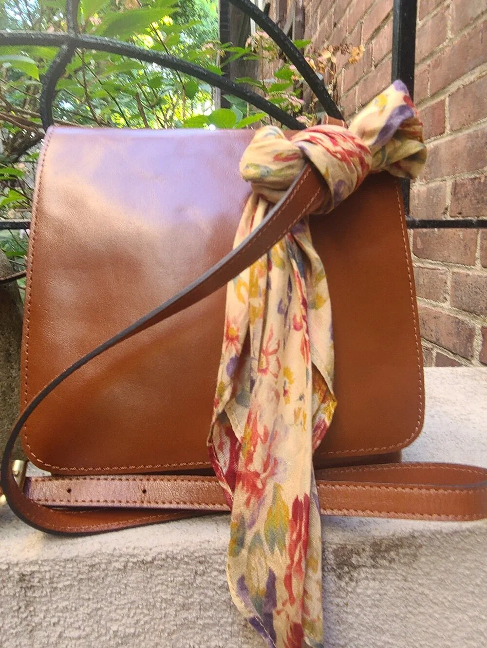 Patricia Nash Granada Crossbody  Bag Tan Cognac w/Scarf Accent NWT